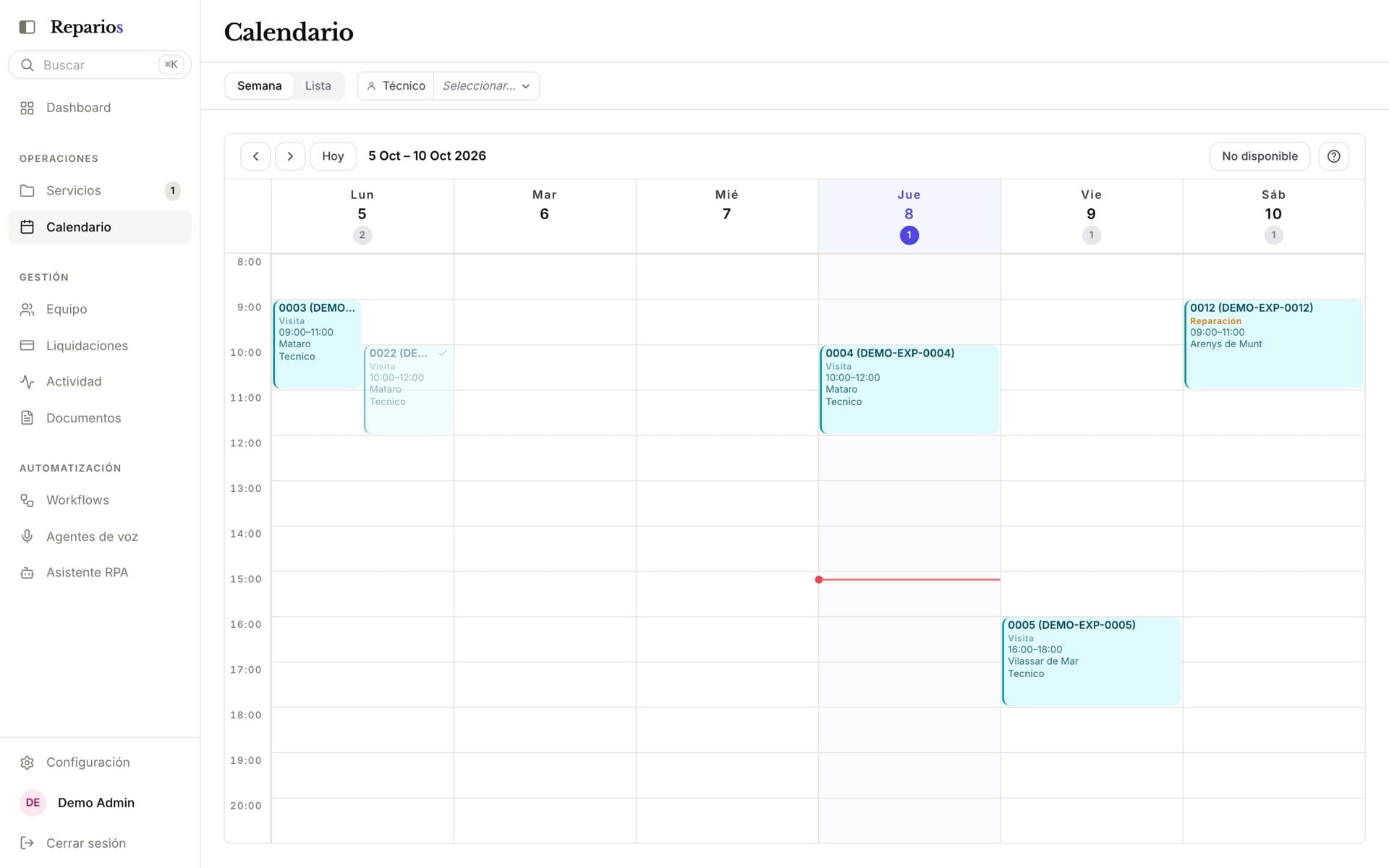 Calendario semanal con las visitas de diagnóstico y reparación