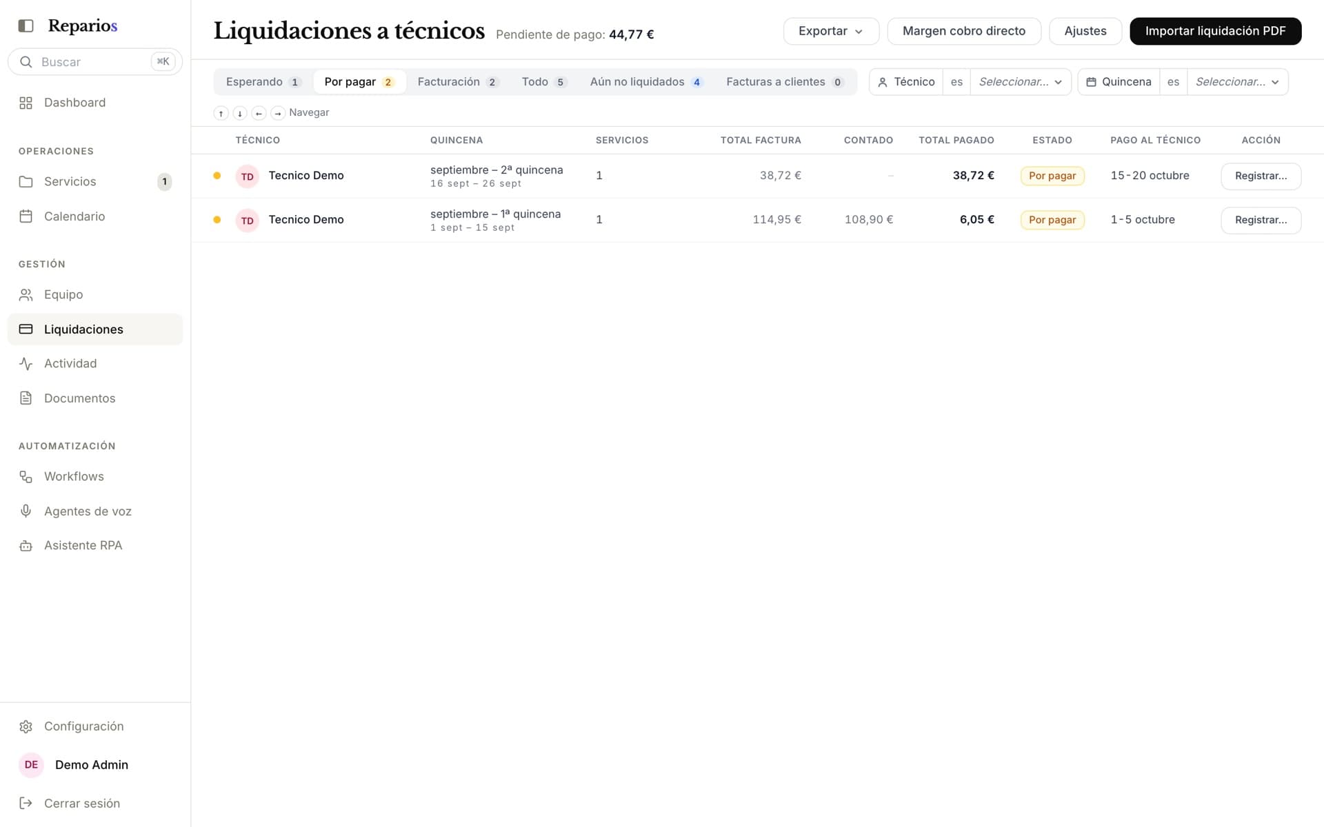 Liquidaciones a técnicos por quincena