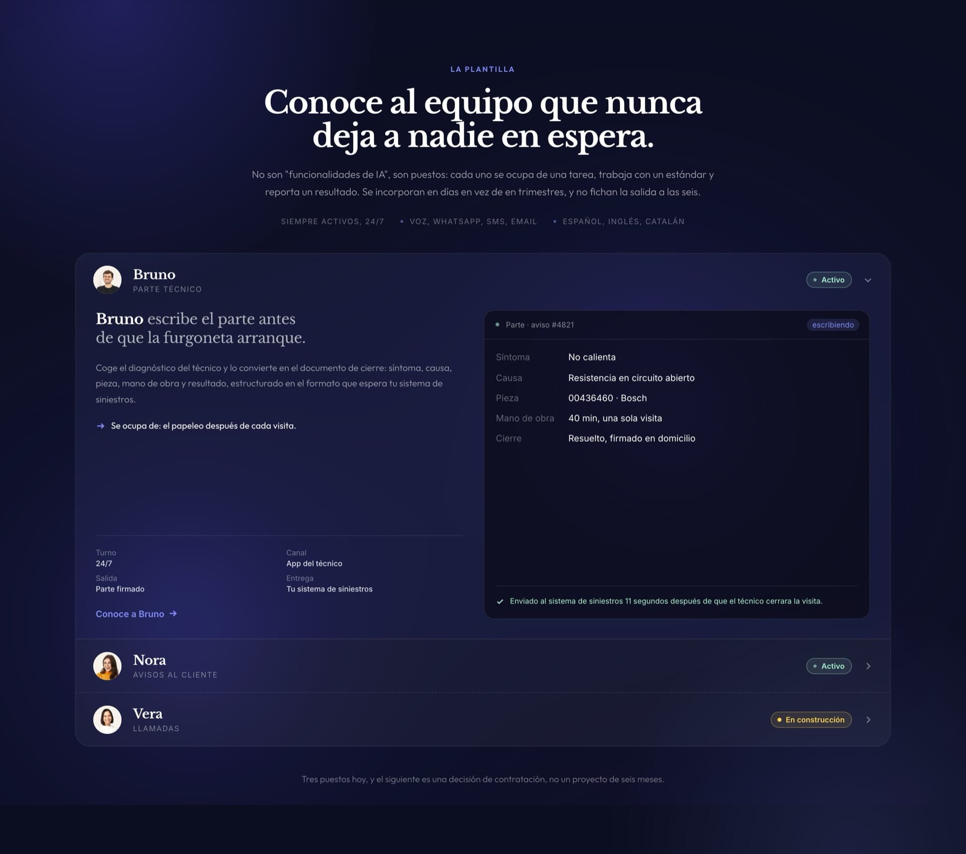 Sección de la web con los tres agentes: Bruno, Nora y Vera