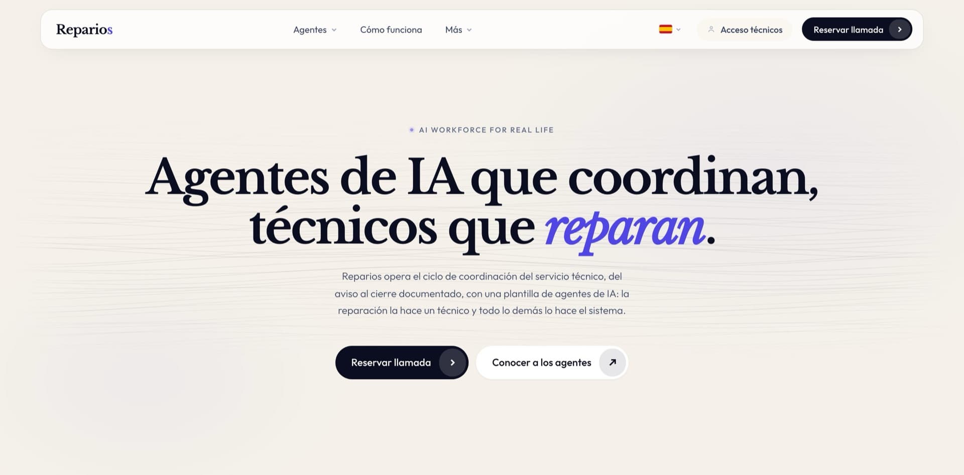 Portada de la web: agentes de IA que coordinan, técnicos que reparan