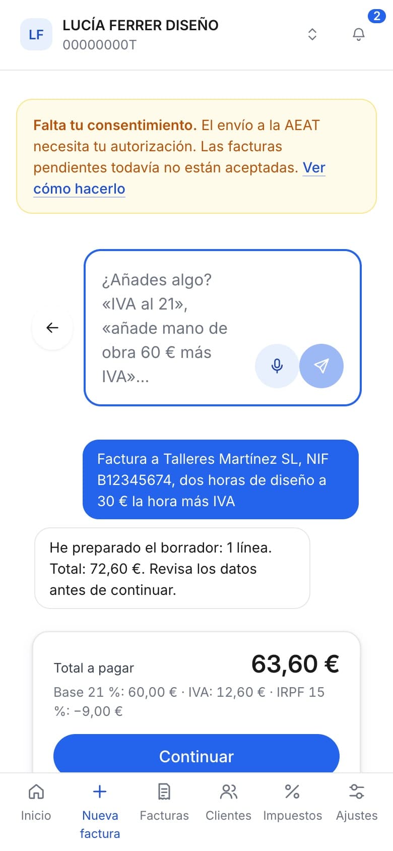 Nueva factura en el móvil con el chat y el total a pagar