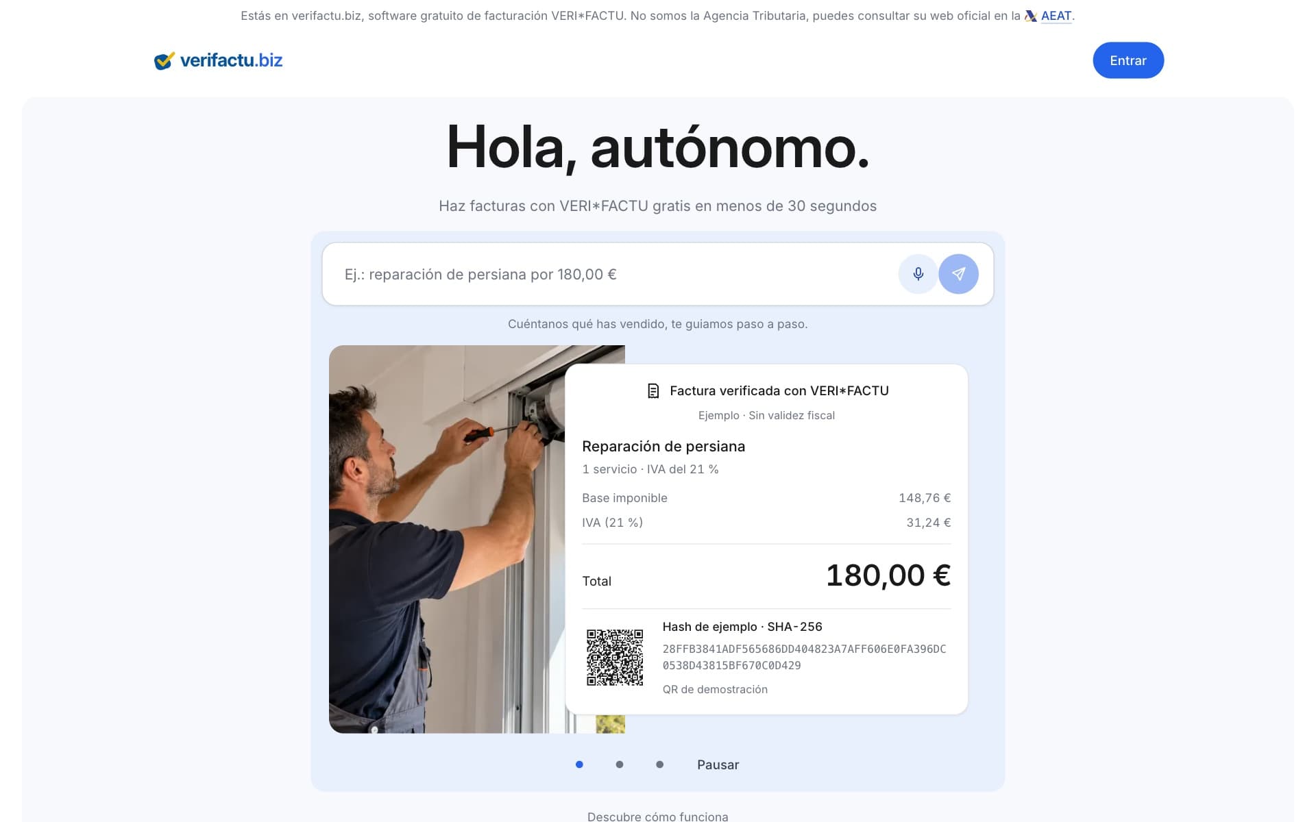Portada de verifactu.biz: «Hola, autónomo.» con una caja de texto y un ejemplo de factura verificada